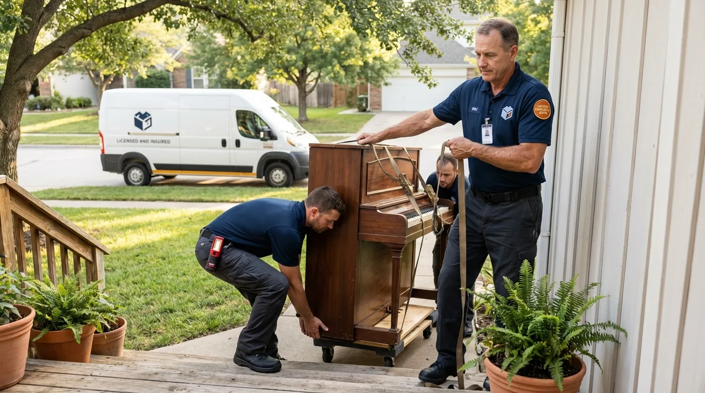 Licensed piano movers securing grand piano in Newmarket, NH