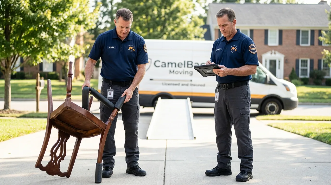 Movers inspecting furniture for damage prevention before loading in Newmarket, NH