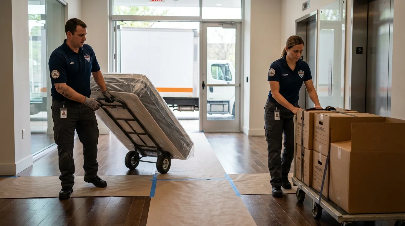 Professional apartment movers loading elevator in Newmarket, NH