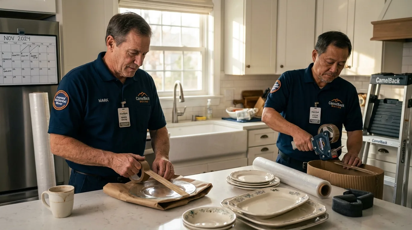 Professional crew packing kitchen dishware in Newmarket, NH
